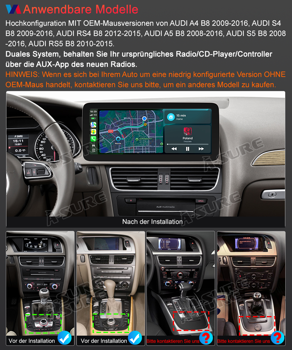 A-Sure GPS Autoradio 12,3 Zoll 4+64GB für Audi A4 B8