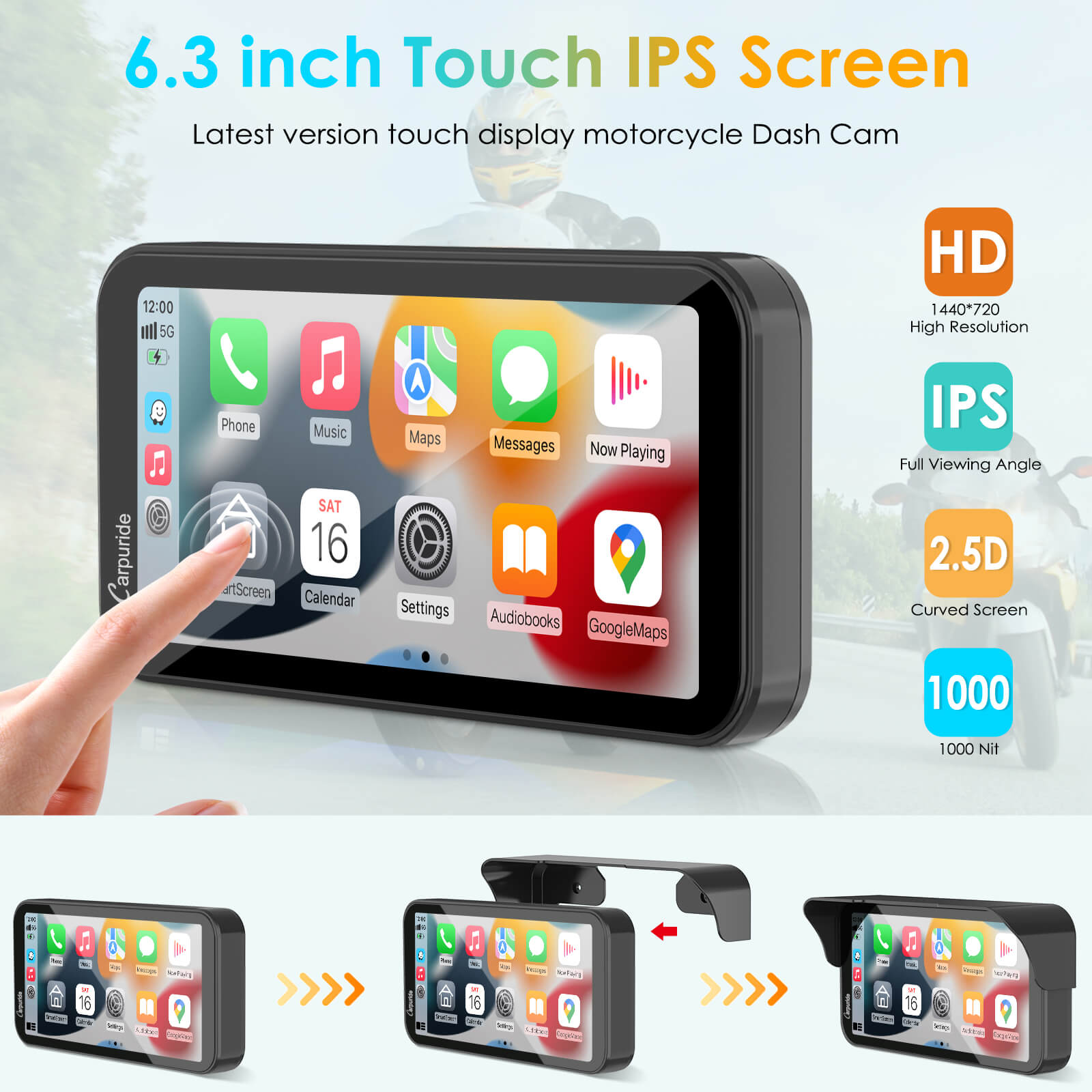 Carpuride W603 Motorrad CarPlay-Display IP67 wasserdicht