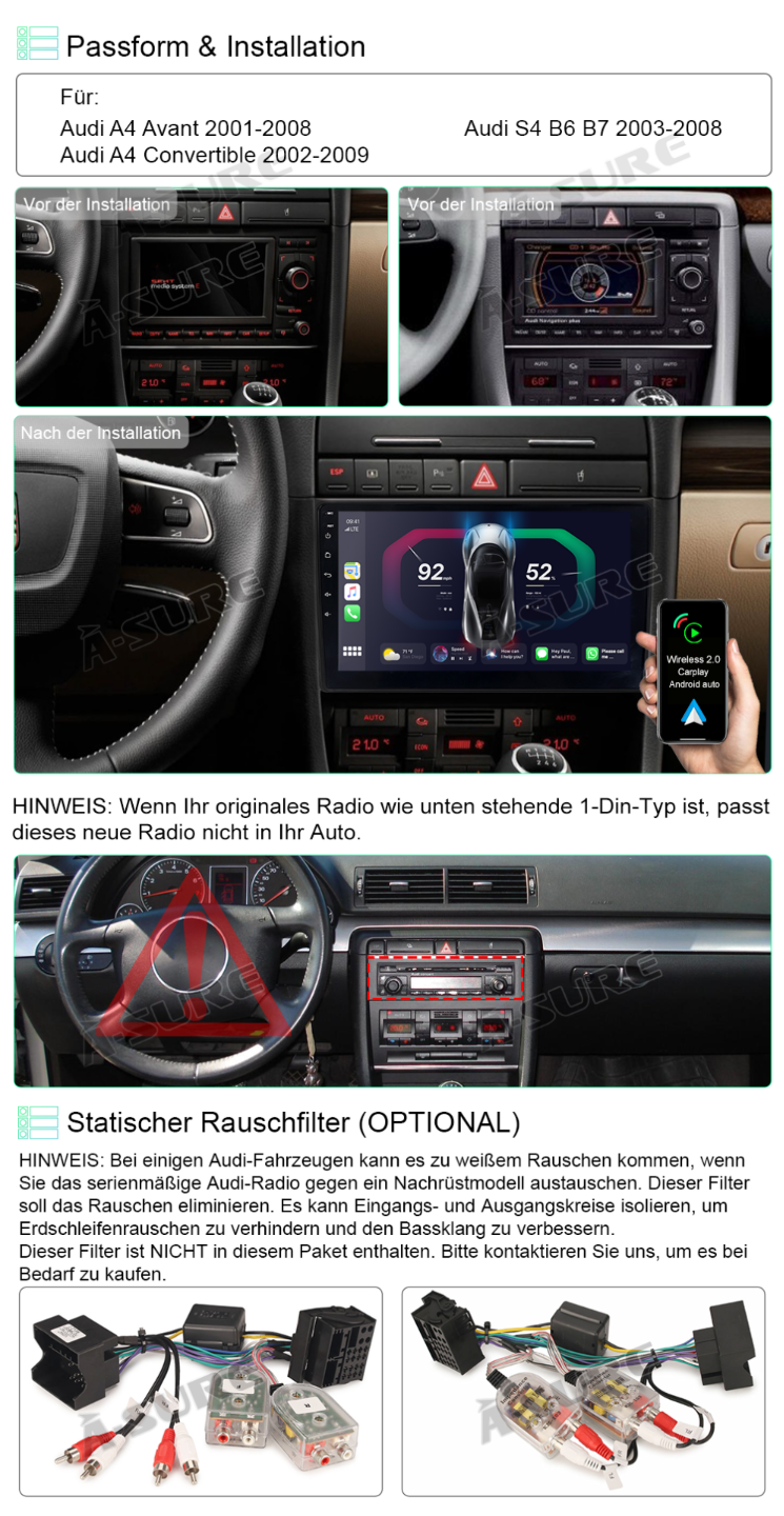 A-Sure GPS 9 Zoll Autoradio für A4 B6 B7 mit Carplay