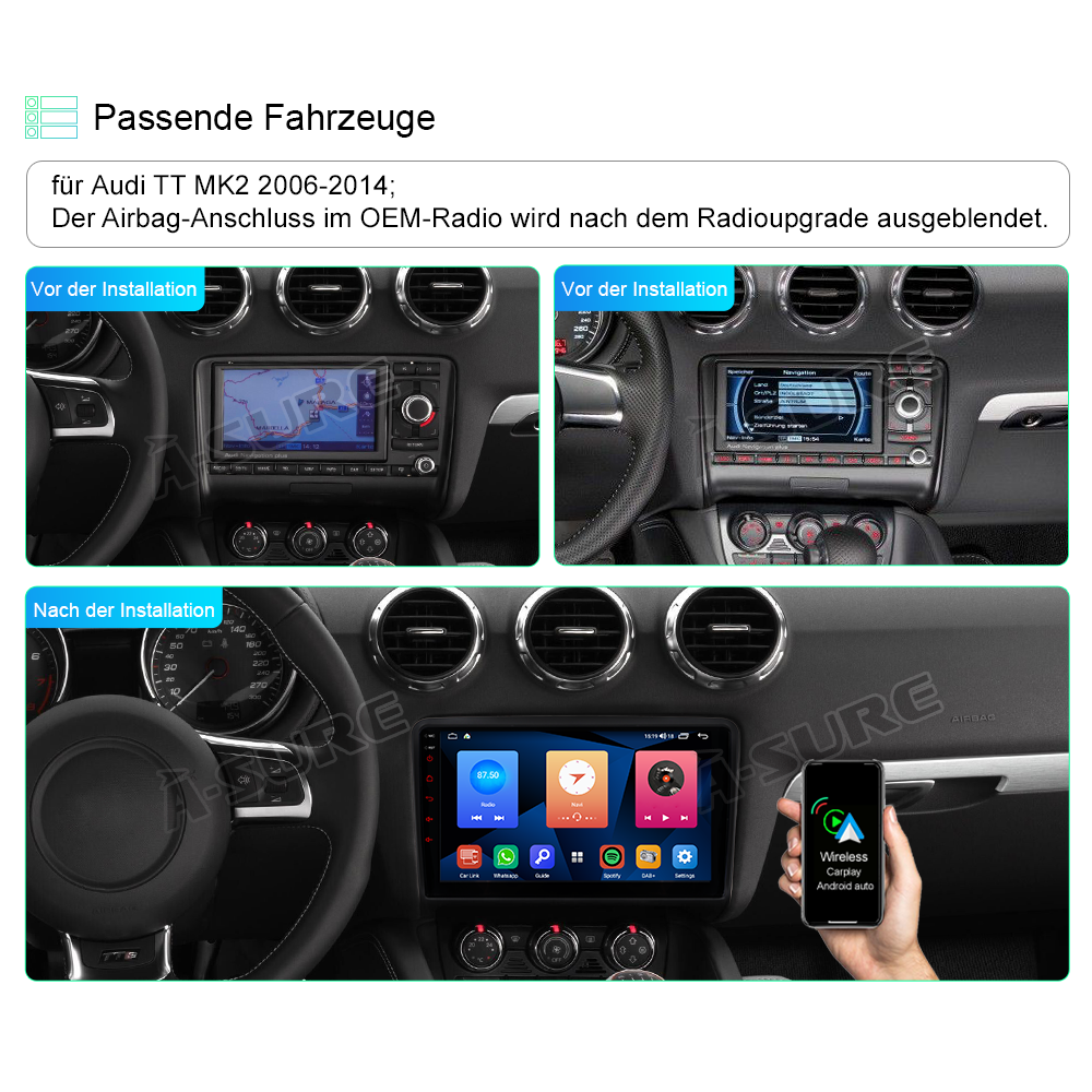 A-Sure Audi TT MK2 Autoradio 9 Zoll Android 12 Wireless CarPlay
