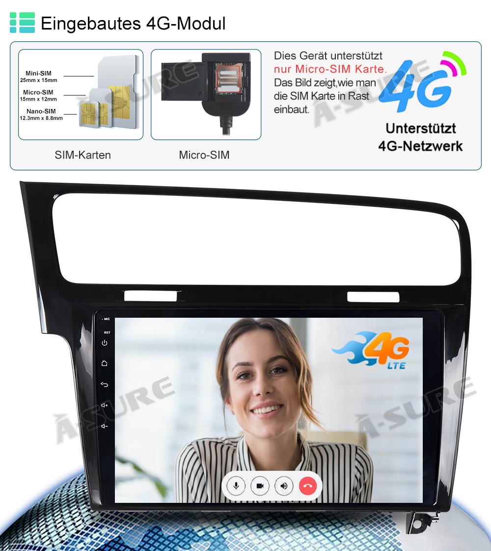 A-Sure Autoradio für VW Golf 7 4+64GB Android 13 CarPlay