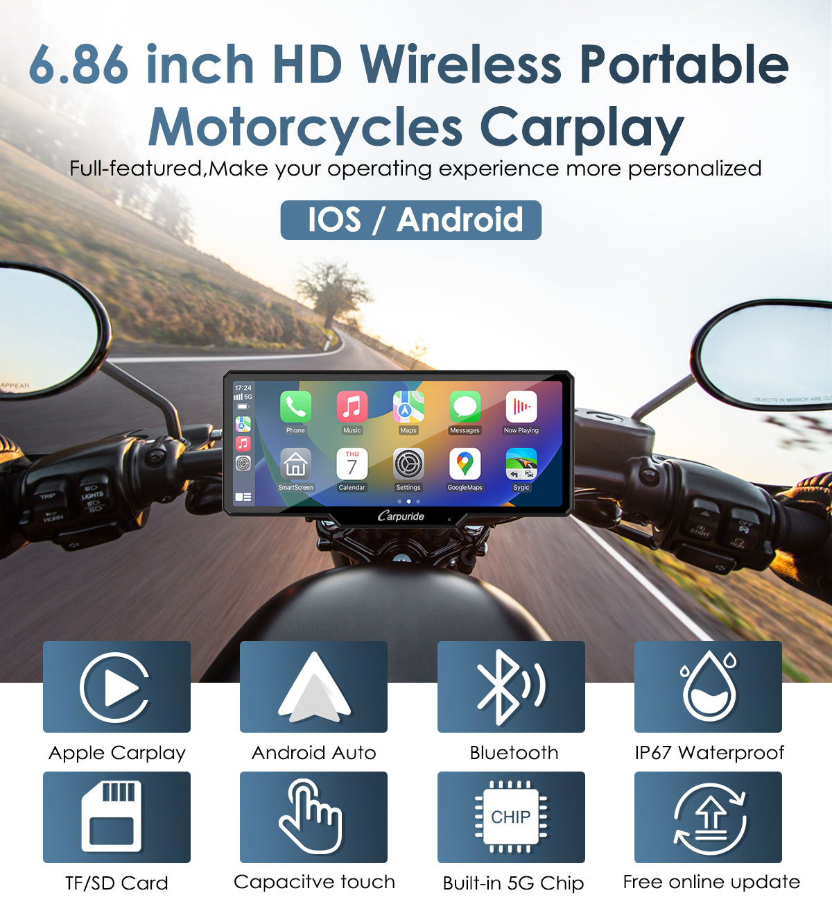 Carpuride W619 Motorrad Display CarPlay 6,86 Zoll IP67