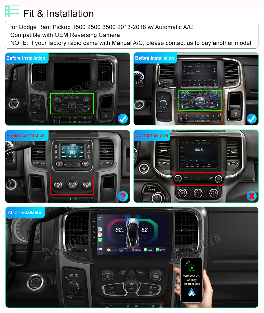 A-Sure GPS Dodge Ram 9 Zoll Autoradio Android 12 2+32GB