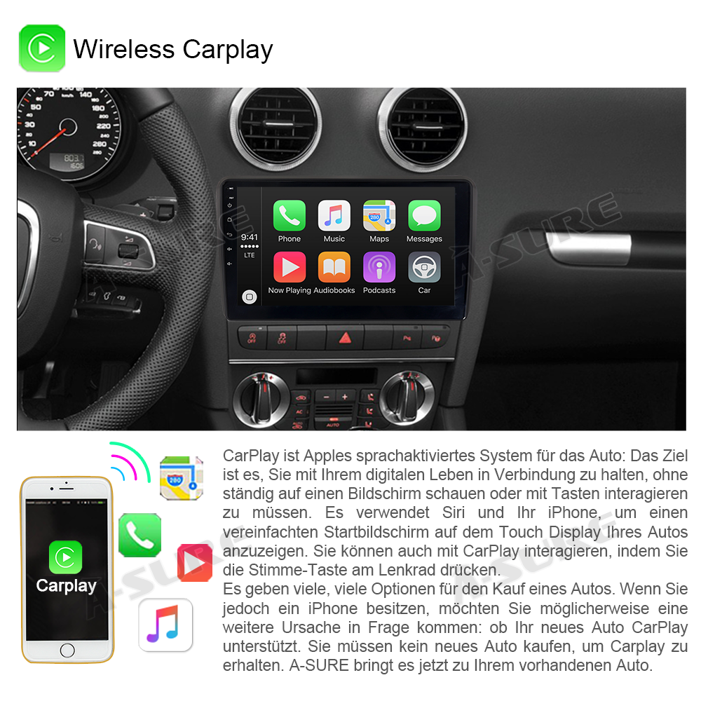 A-Sure Audi A3 S3 RS3 Autoradio Android 12 2+32GB CarPlay