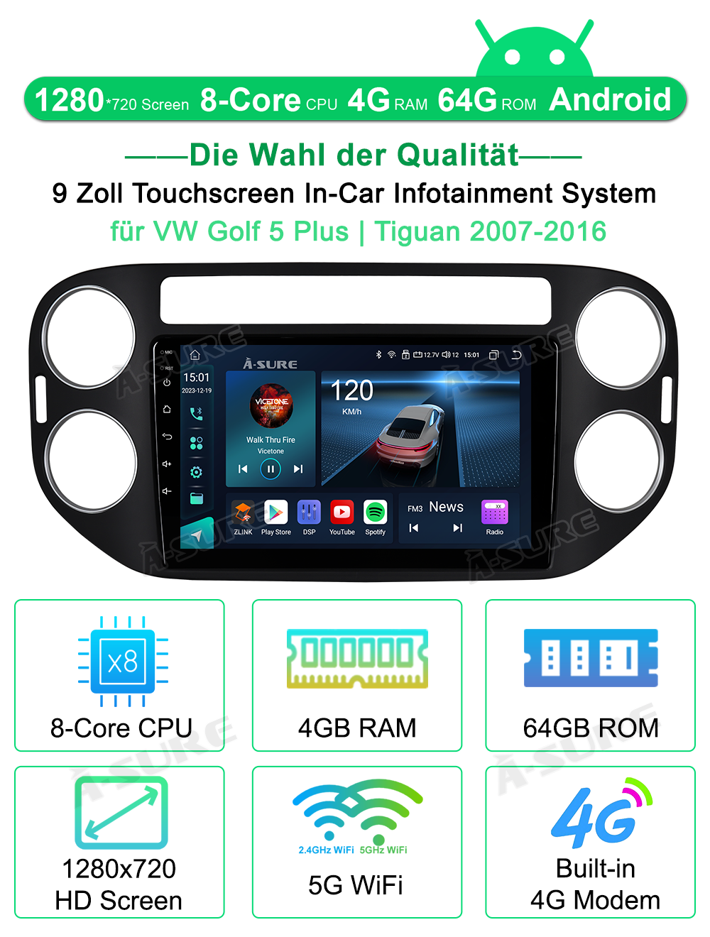 A-Sure GPS 4+64GB Autoradio VW Tiguan Golf Plus CarPlay DAB+