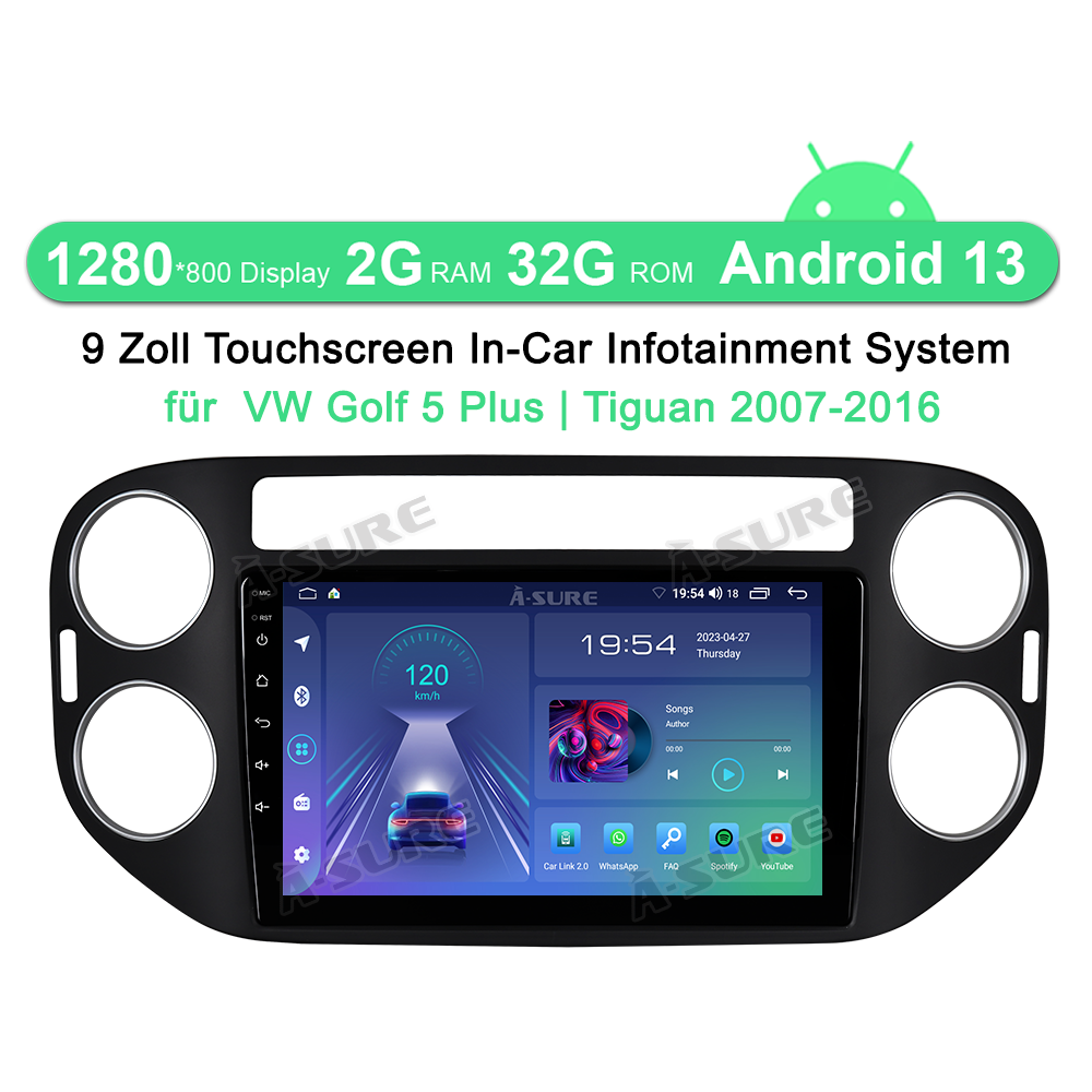 A-Sure GPS car radios Tiguan 5N Autoradio 9 Zoll 2+32GB Black