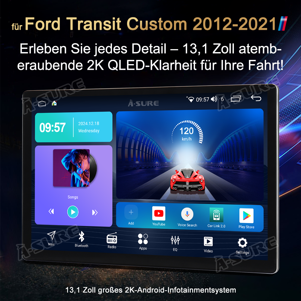 A-Sure GPS Autoradio Ford Transit Custom 13,1 Zoll 4+64GB CarPlay