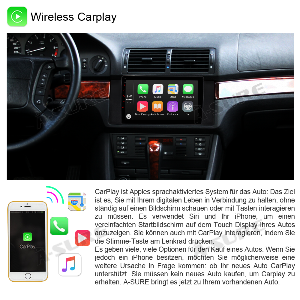 A-Sure GPS 8-Kern 64GB Autoradio BMW E39 Android Auto CarPlay 4G