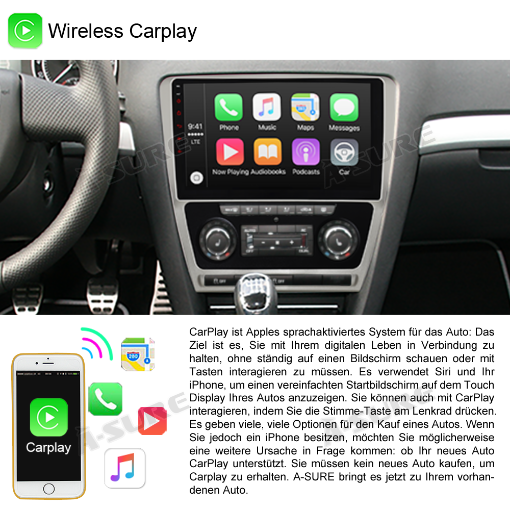 A-Sure GPS 10,1 Zoll Android 10 Autoradio Skoda Octavia 6+128GB