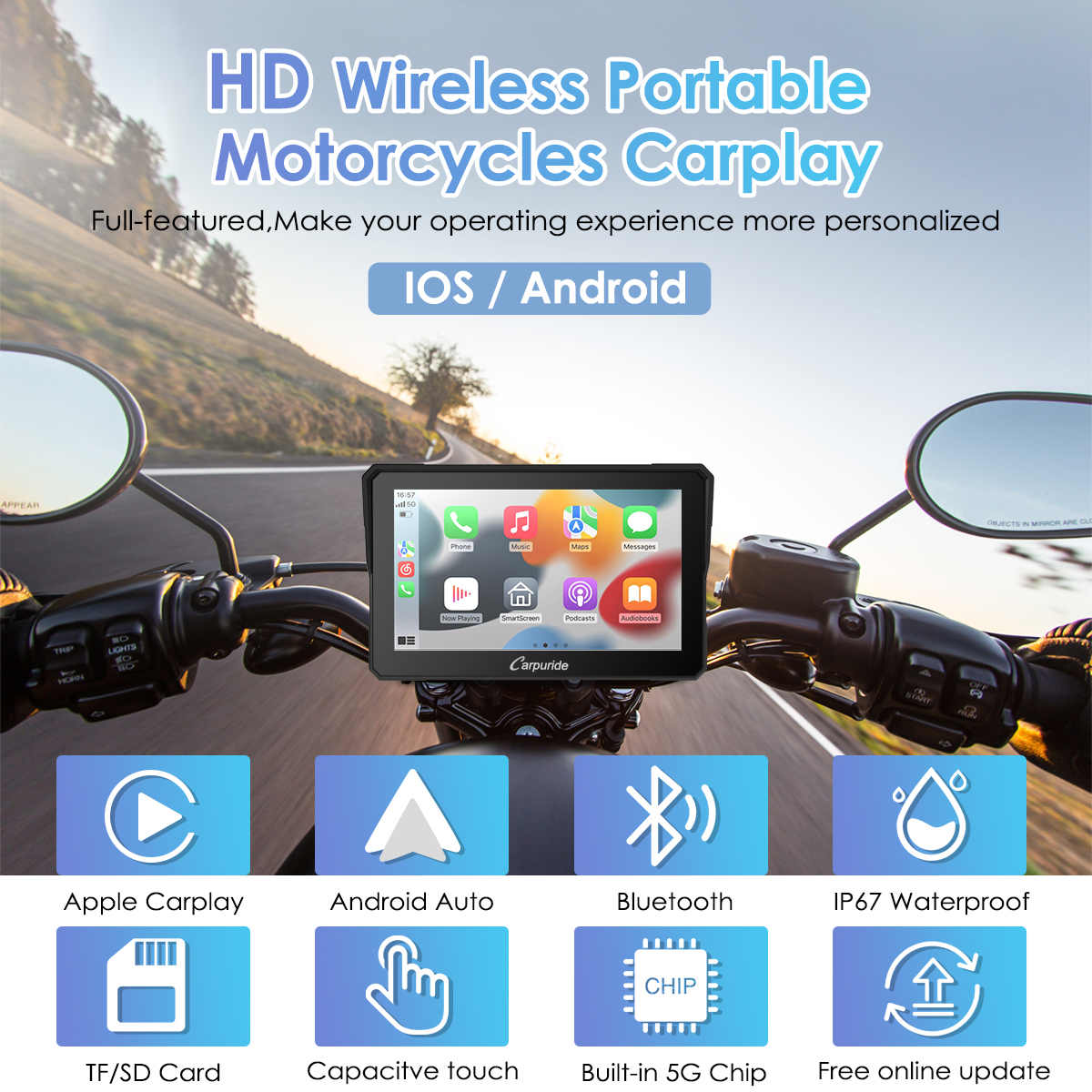 Carpuride W702 Motorrad Display CarPlay IP67 Dual Bluetooth