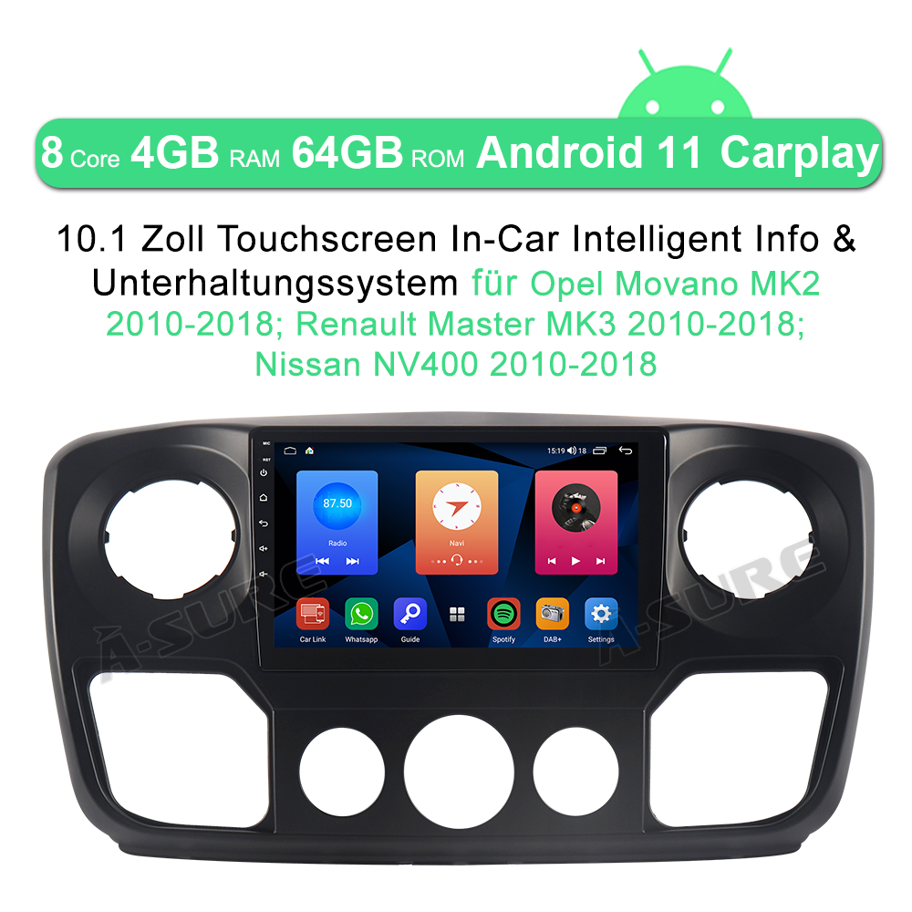 A-Sure GPS car radios 10,1 Zoll Autoradio Movano Master 4+64GB