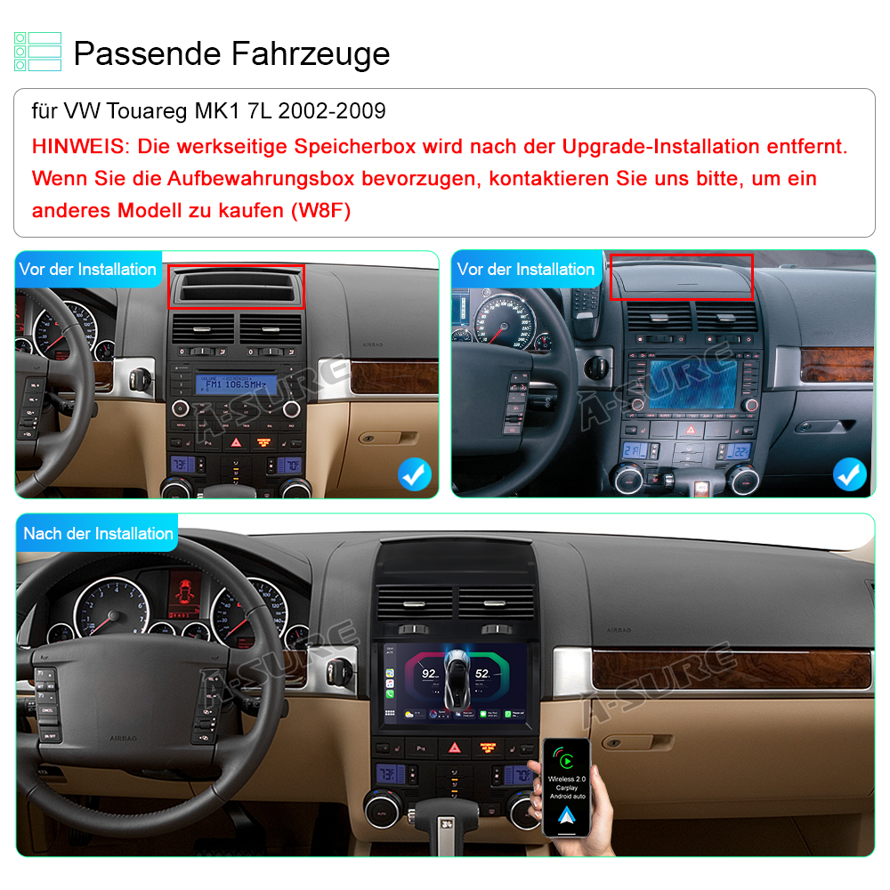 A-Sure 9 Zoll Android 12 Autoradio für VW Touareg 7L 2002-2009