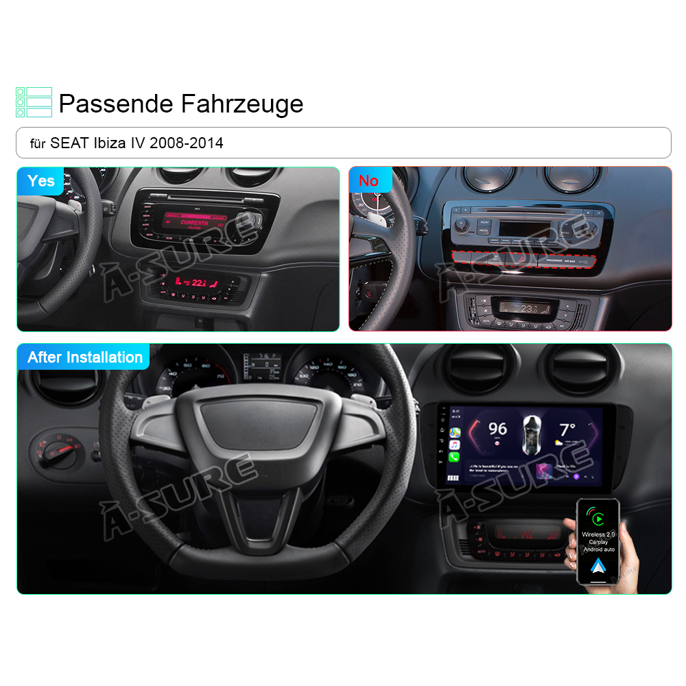 A-Sure GPS Seat Ibiza 6J Autoradio 9 Zoll 2+32GB CarPlay