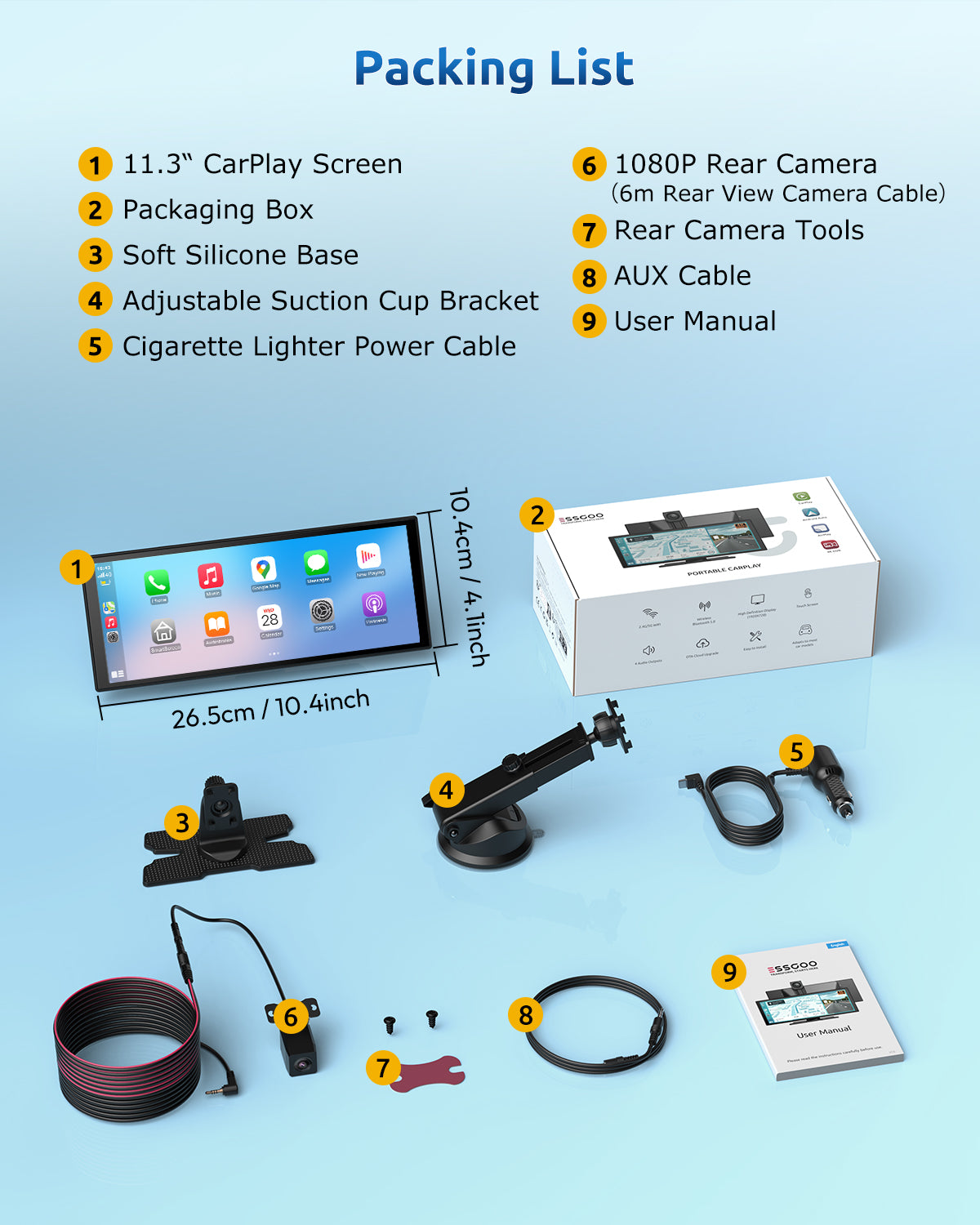 ESSGOO E72 11,3 Zoll CarPlay Display mit 4K Dashcam Standard
