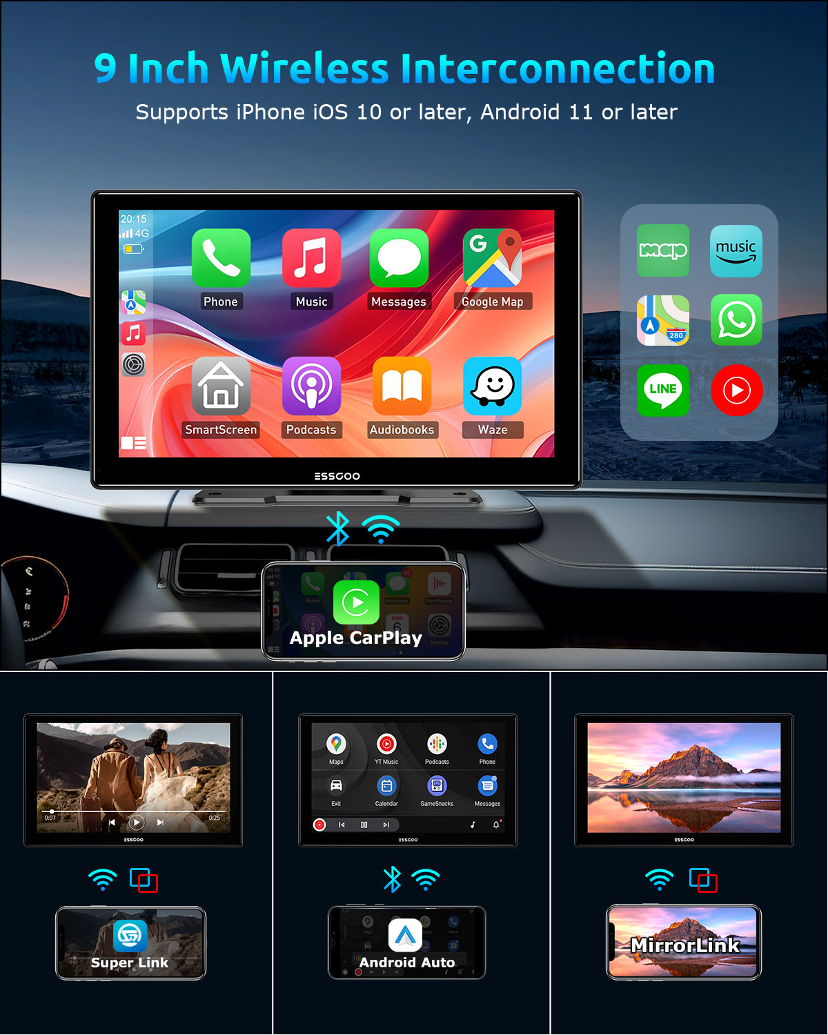 ESSGOO Portable CarPlay 991CP CarPlay-Display 9 Zoll HD Touch