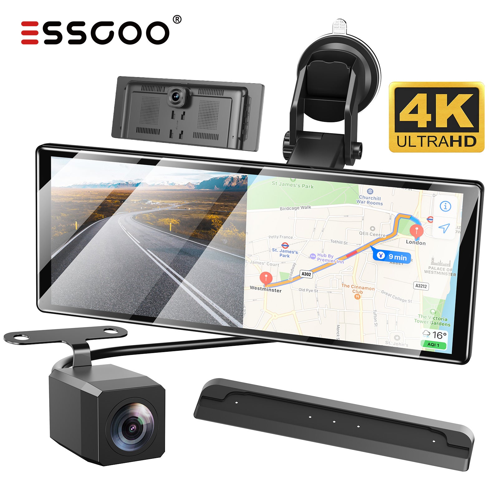 ESSGOO H16 11,3 Zoll CarPlay Display Dashcam 4K Wireless