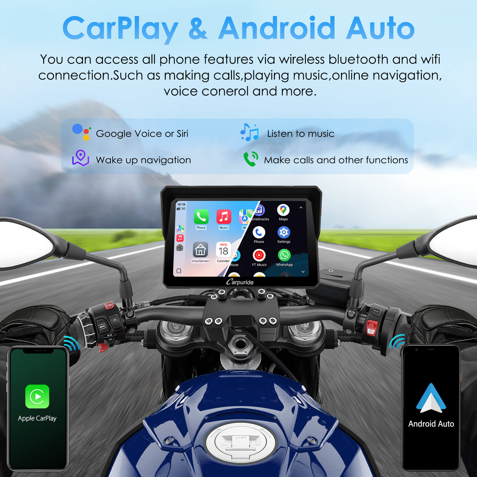 Carpuride W702H Harley CarPlay-Display 7 Zoll + Halterung