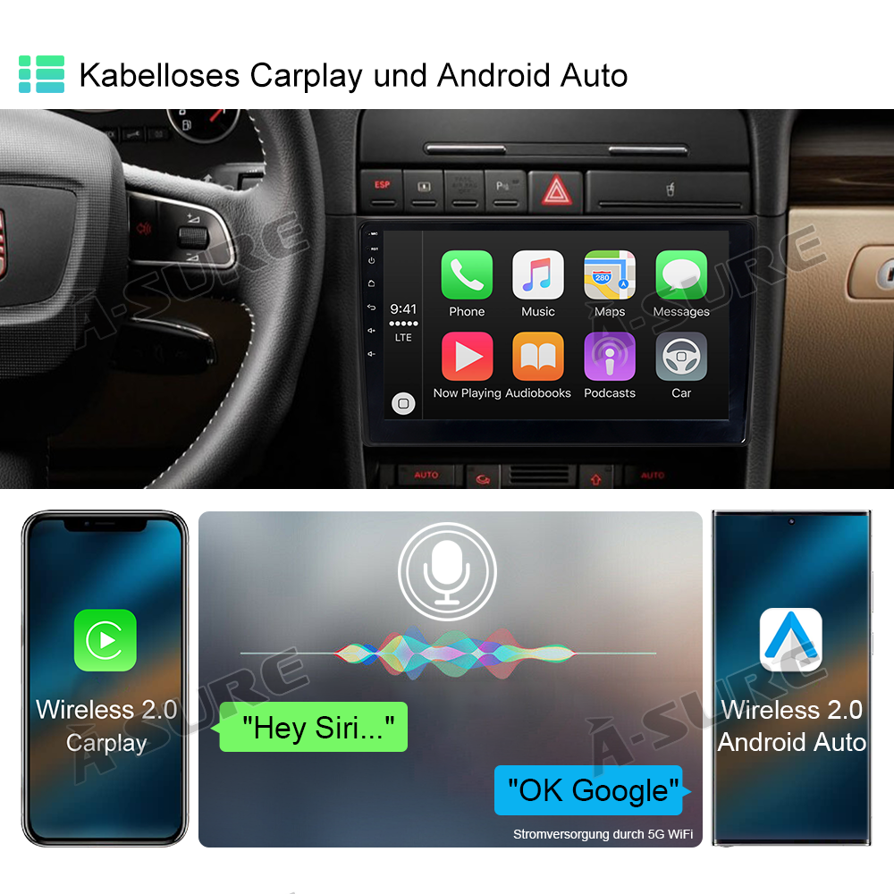 A-Sure Autoradio für Audi A4 B6 B7 B8 4+64GB CarPlay