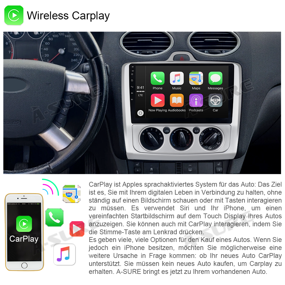 A-Sure 9 Zoll 2+32GB Autoradio Ford Focus MK2 CarPlay