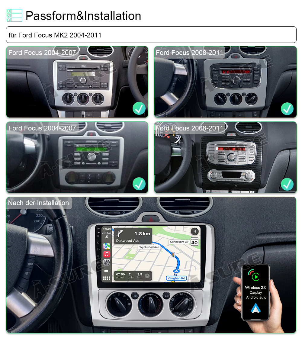 A-Sure 9 Zoll 2+32GB Autoradio Ford Focus MK2 CarPlay