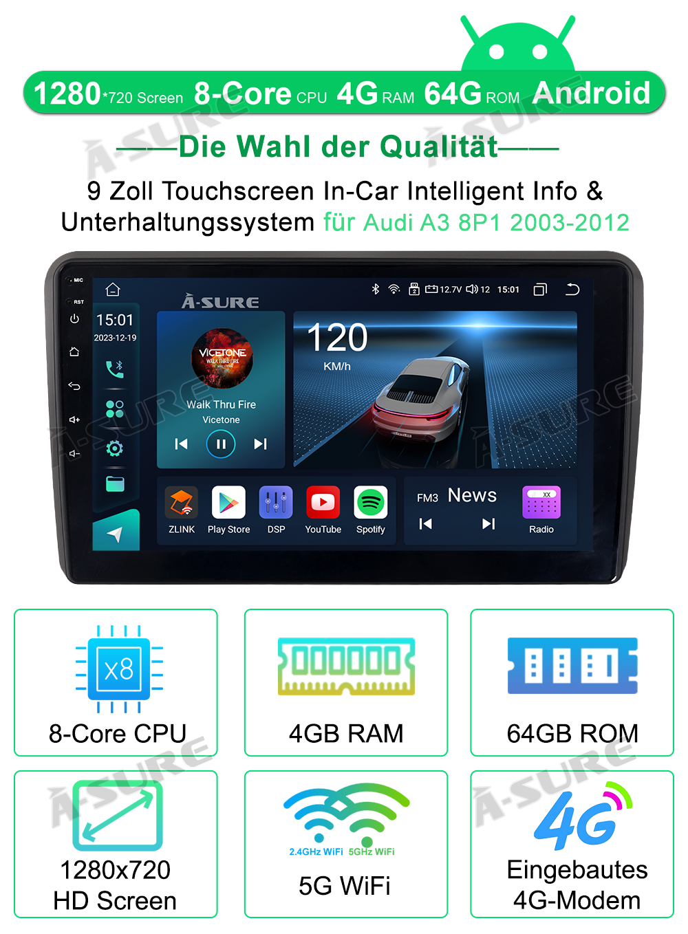 A-Sure GPS Autoradio Audi A3 8P 8V 4+64GB CarPlay DSP