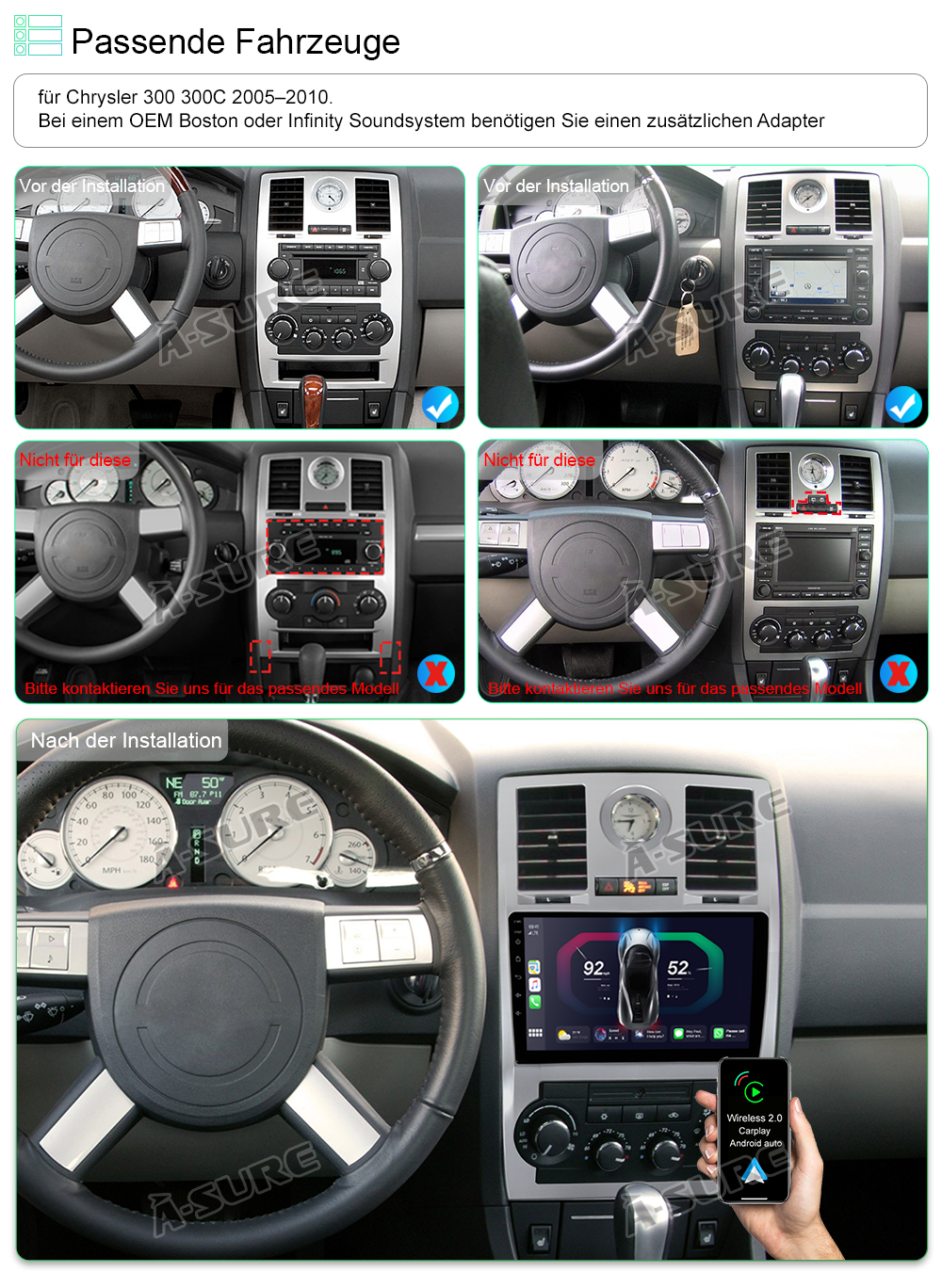 A-Sure GPS Autoradio Chrysler 300 9 Zoll Android 12 2+32GB