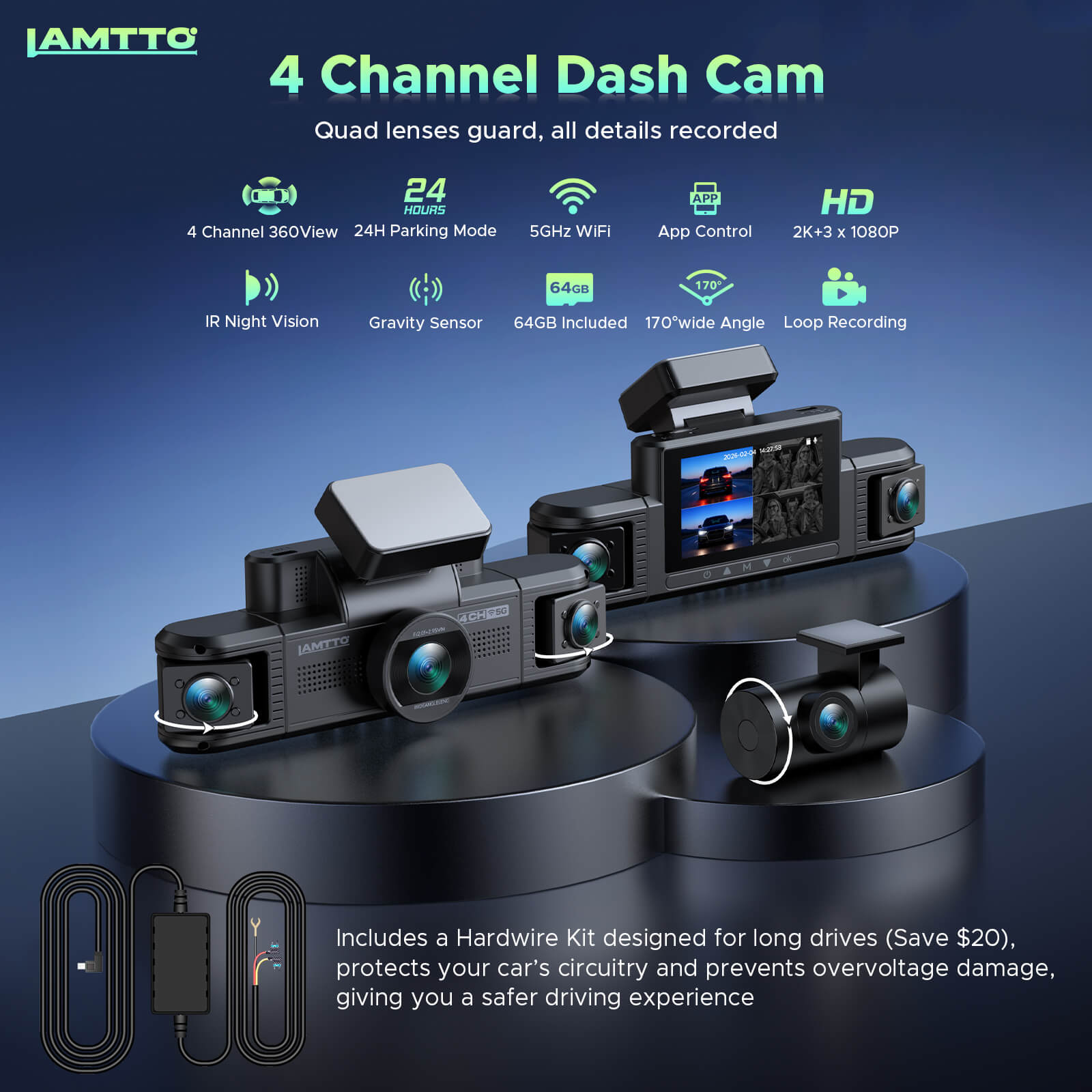 LAMTTO Dash Cam DC25 4-Kanal 360° WiFi Dashcam