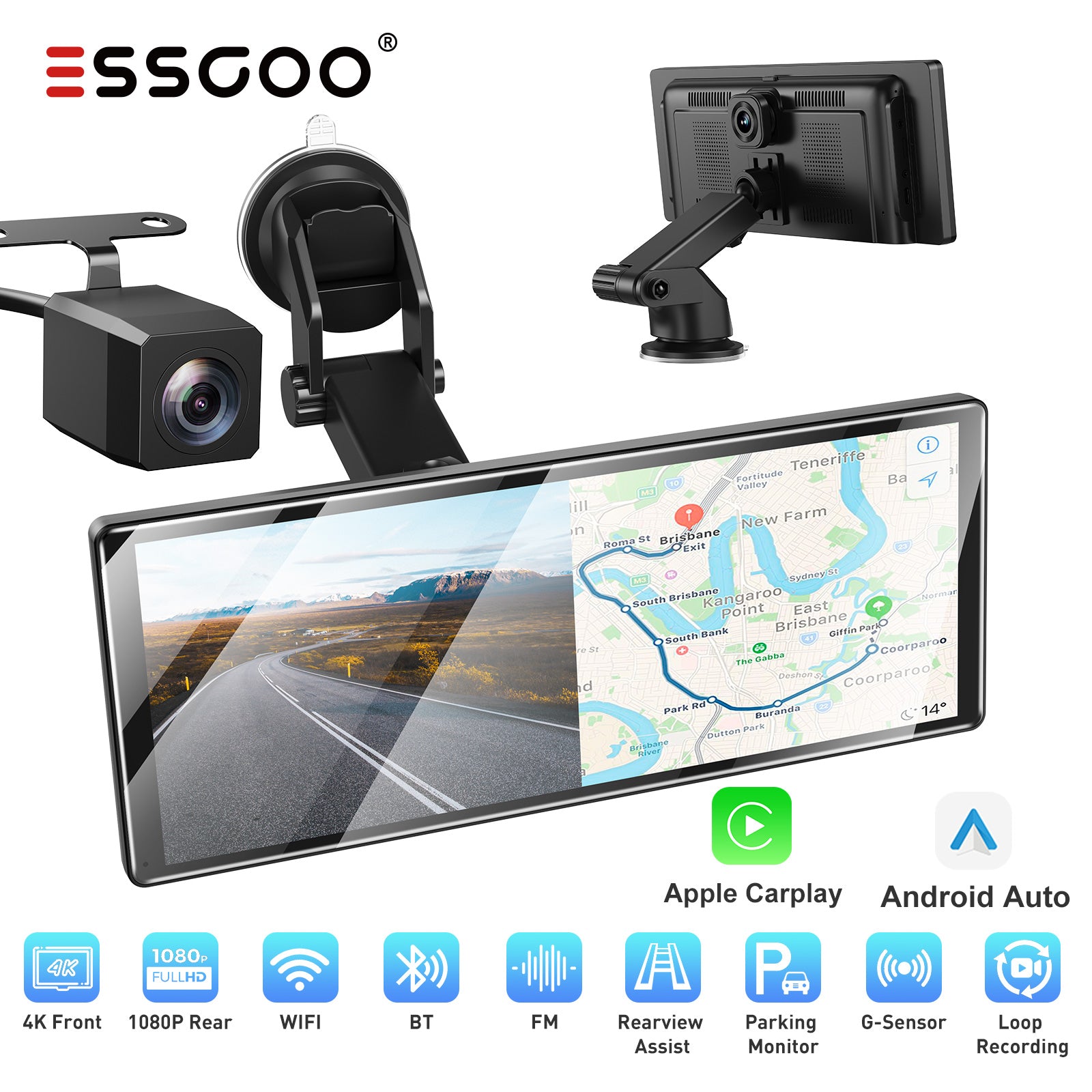 ESSGOO H16 11,3 Zoll CarPlay Display Dashcam 4K Wireless