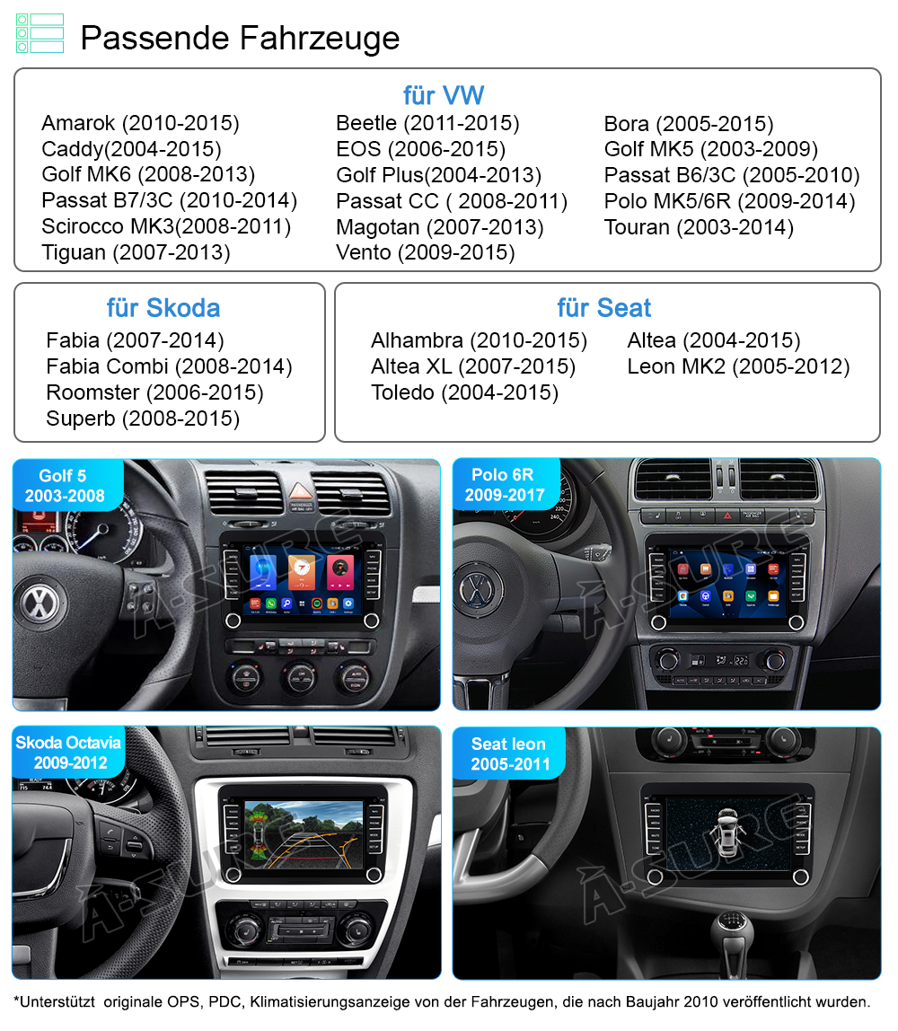 A-Sure Autoradio 7 Zoll 2+32GB VW Golf Passat DAB+ CarPlay