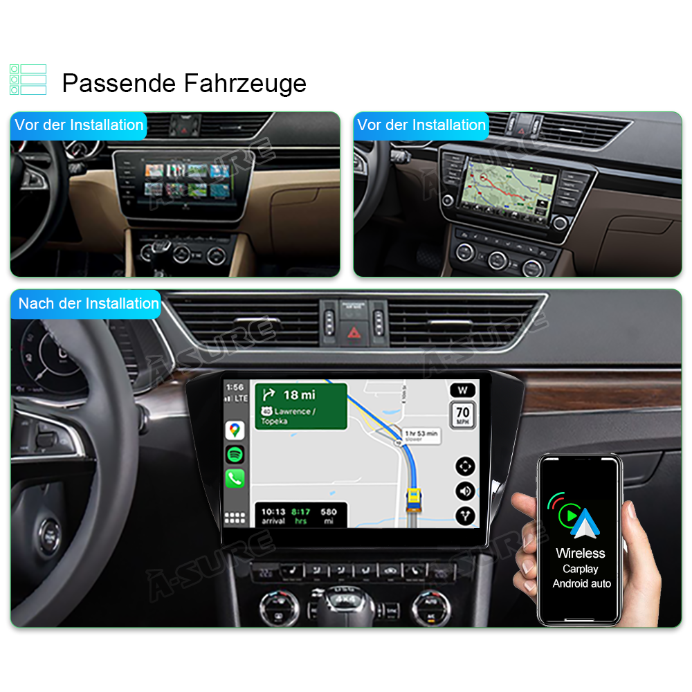 A-Sure Autoradio 9 Zoll Skoda Superb ab 2016 2+32GB Carplay