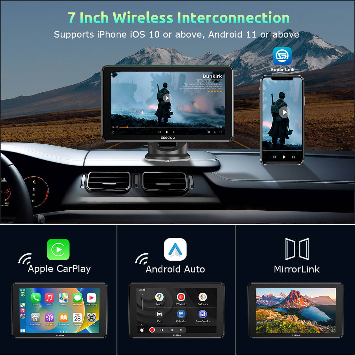 ESSGOO Portable CarPlay 743CP 7 Zoll CarPlay-Display Wireless