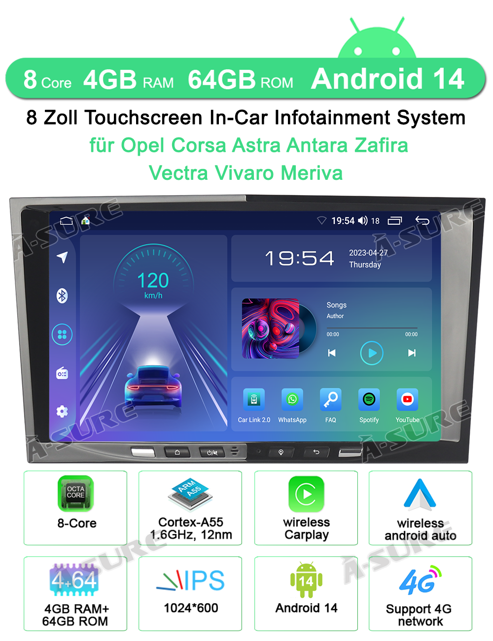 A-Sure GPS Autoradio Opel 8-Zoll 64GB Android 15 schwarz