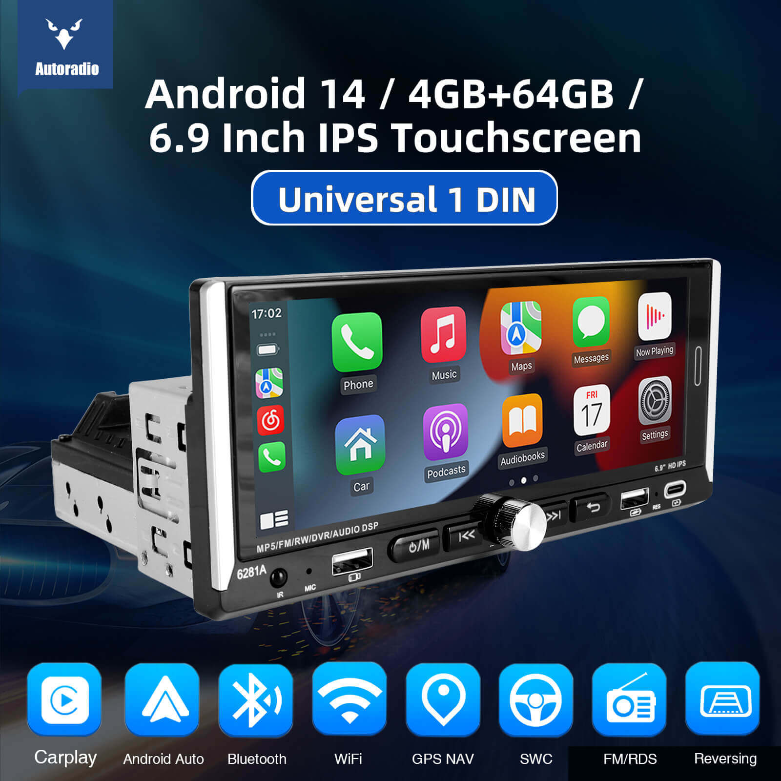 ESSGOO Car Stereo 6281A Autoradio 6,9 Zoll Single-DIN MP5
