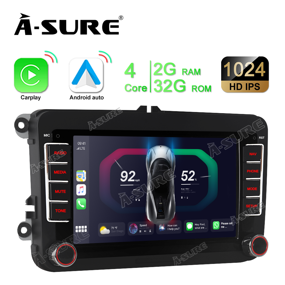 A-Sure GPS 2 DIN Autoradio Android 13 7 Zoll für VW Golf 5 6