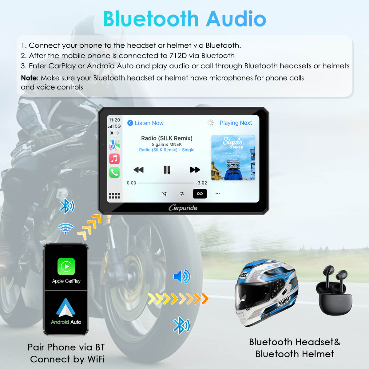 Carpuride W712D Motorrad CarPlay-Display 7 Zoll Dashcam