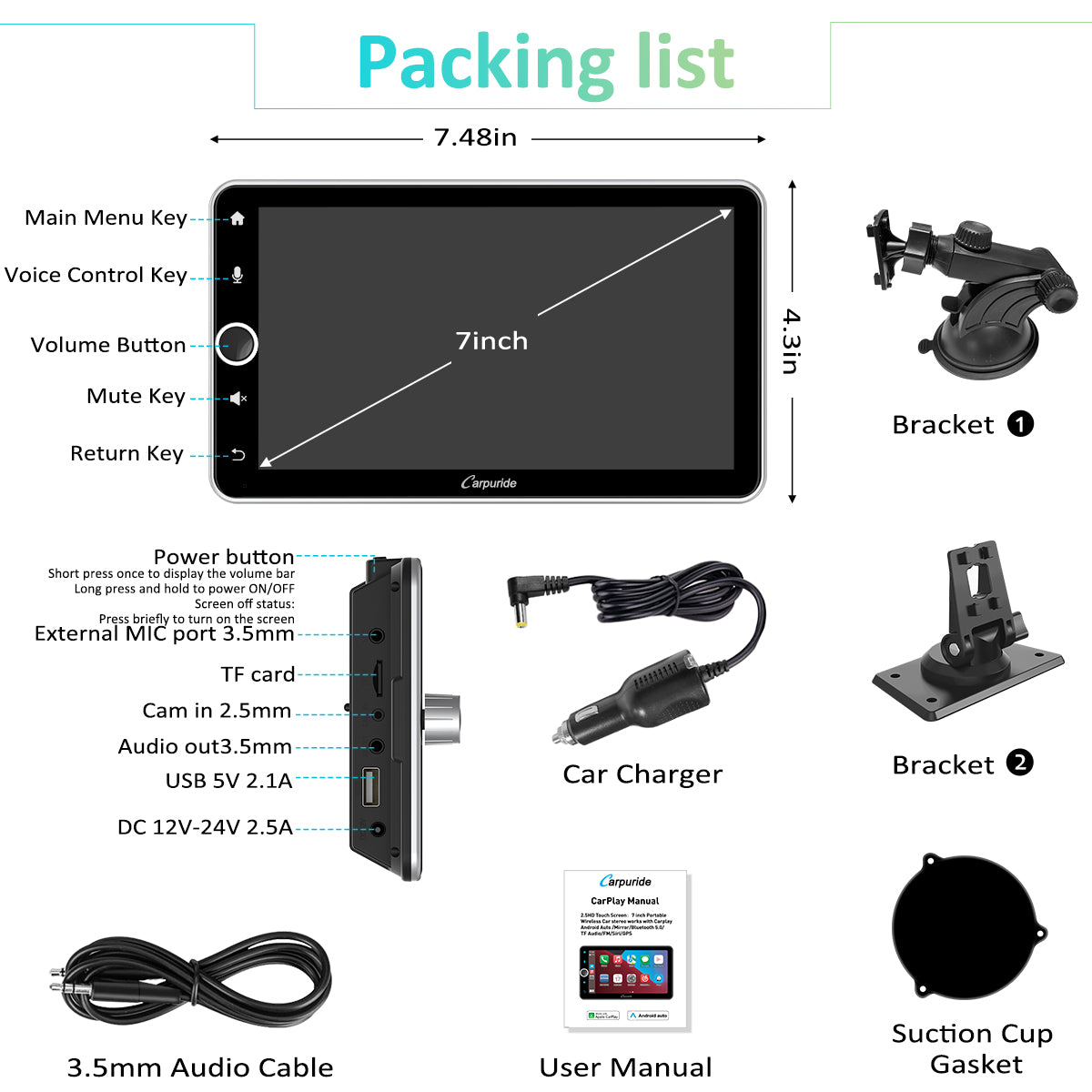 Carpuride Car Smart Stereo W706 CarPlay-Display 7 Zoll Silber