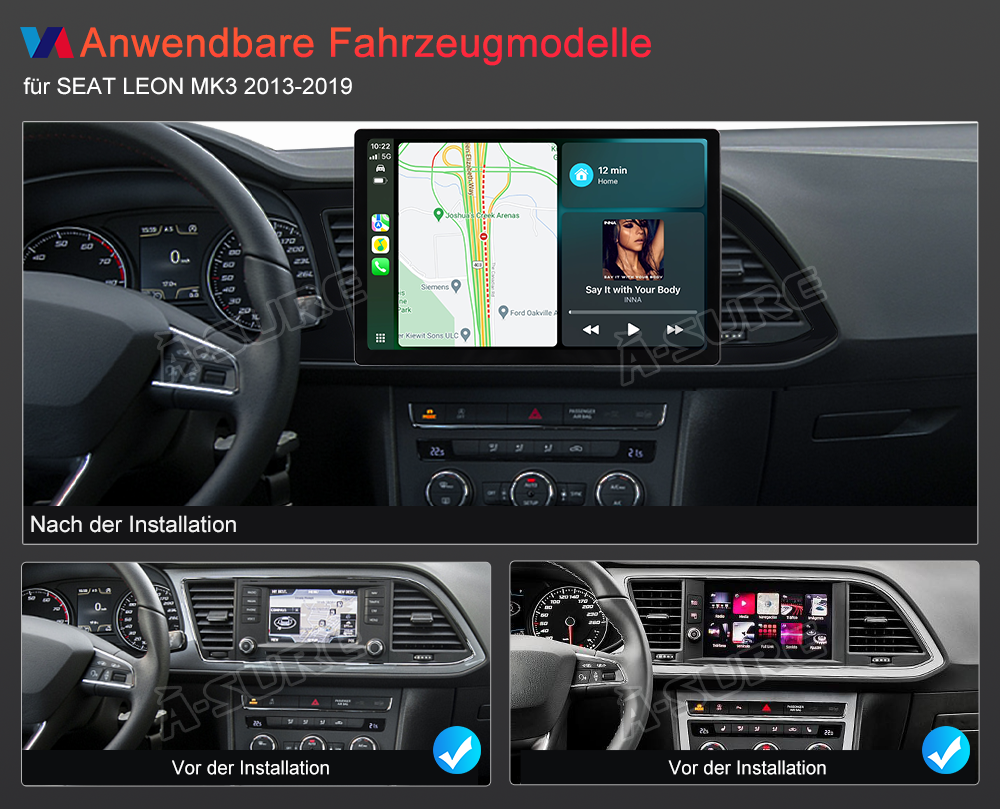A-Sure GPS Autoradio 13,1 Zoll 4+64GB Android 14 Seat Leon