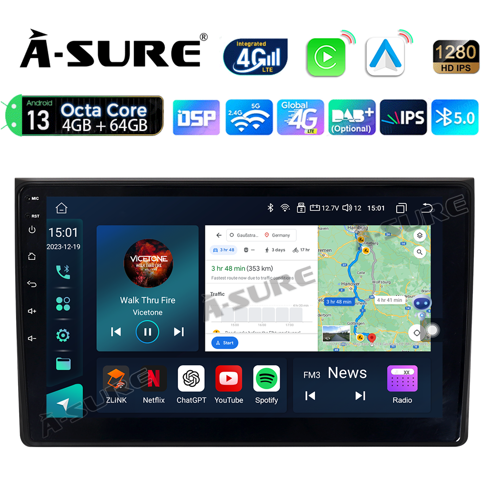 A-Sure Autoradio für Audi A4 B6 B7 B8 4+64GB CarPlay