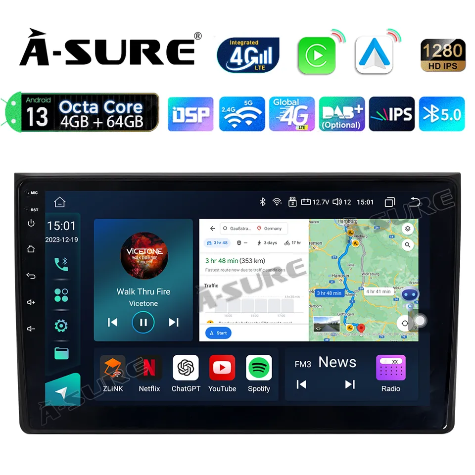 A-Sure Autoradio für Audi A4 B6 B7 B8 4+64GB CarPlay