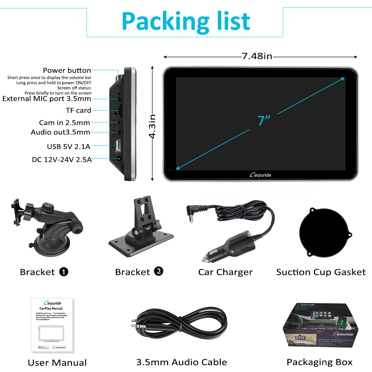 Carpuride Car Smart Stereo 7 Zoll CarPlay-Display Silber Wireless