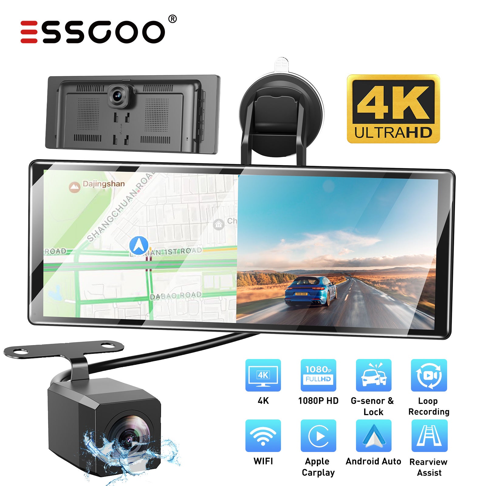 ESSGOO H16 11,3 Zoll CarPlay Display Dashcam 4K Wireless