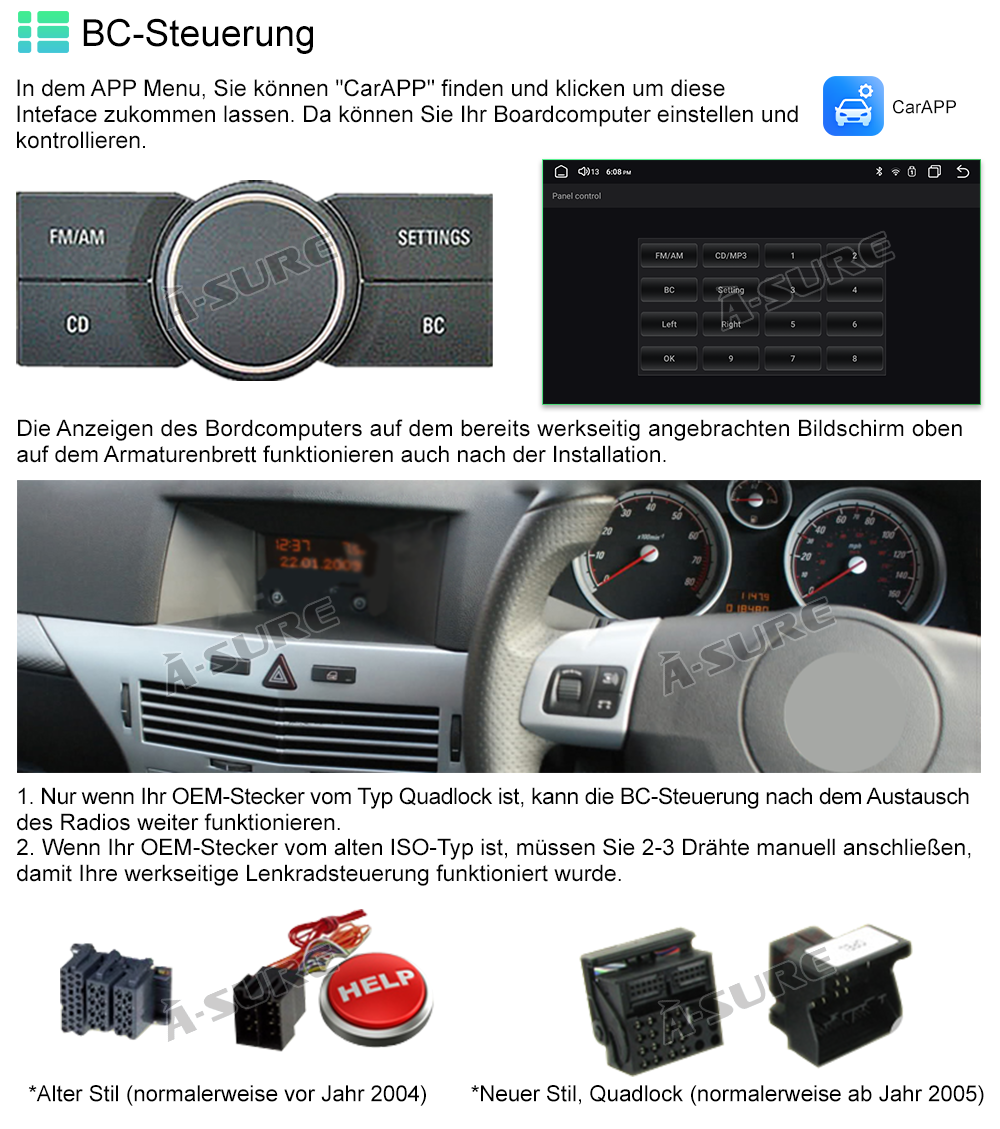 A-Sure GPS Autoradio Opel 8-Zoll 64GB Android 15 schwarz
