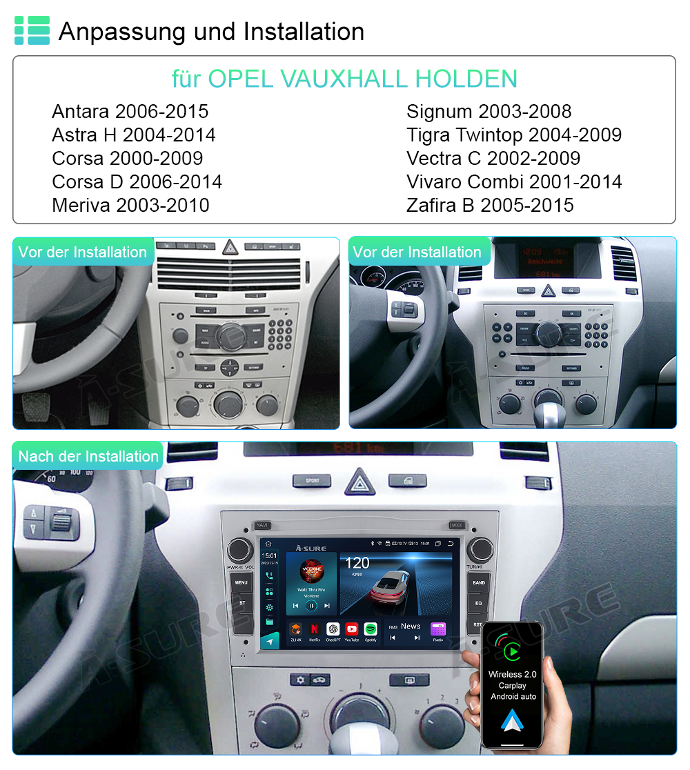 A-Sure GPS Autoradio 9 Zoll Opel 4+64GB Android 13 CarPlay