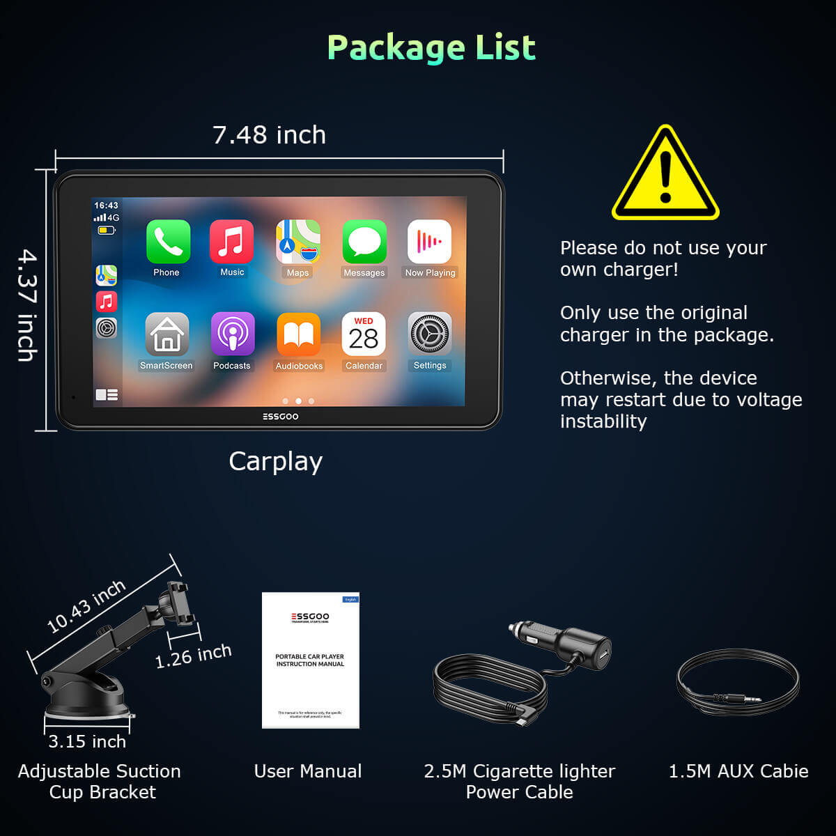 ESSGOO Portable CarPlay 743CP 7 Zoll CarPlay-Display Wireless