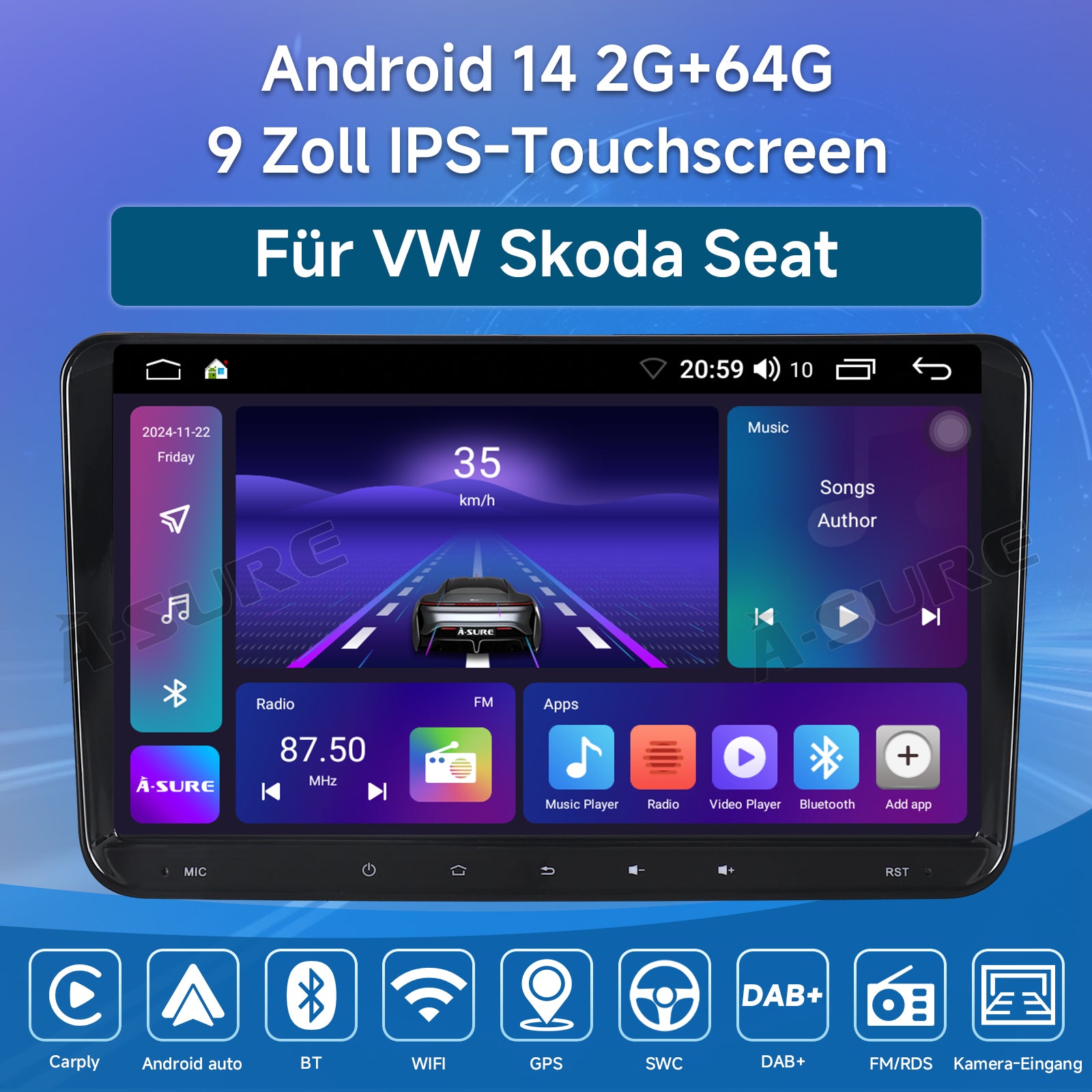 A-Sure GPS car radios Autoradio für VW Golf Passat 9 Zoll 2+64GB
