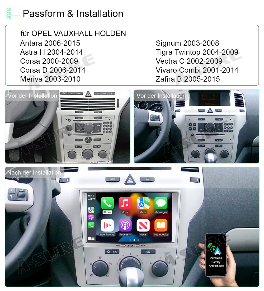 A-Sure GPS car radios 8 Zoll 4+64GB Opel Astra silber