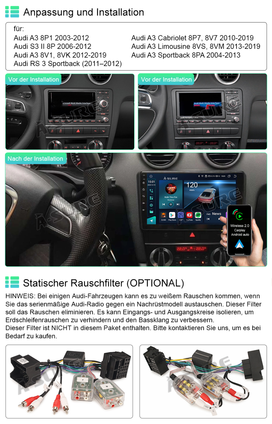 A-Sure GPS Autoradio Audi A3 8P 8V 4+64GB CarPlay DSP