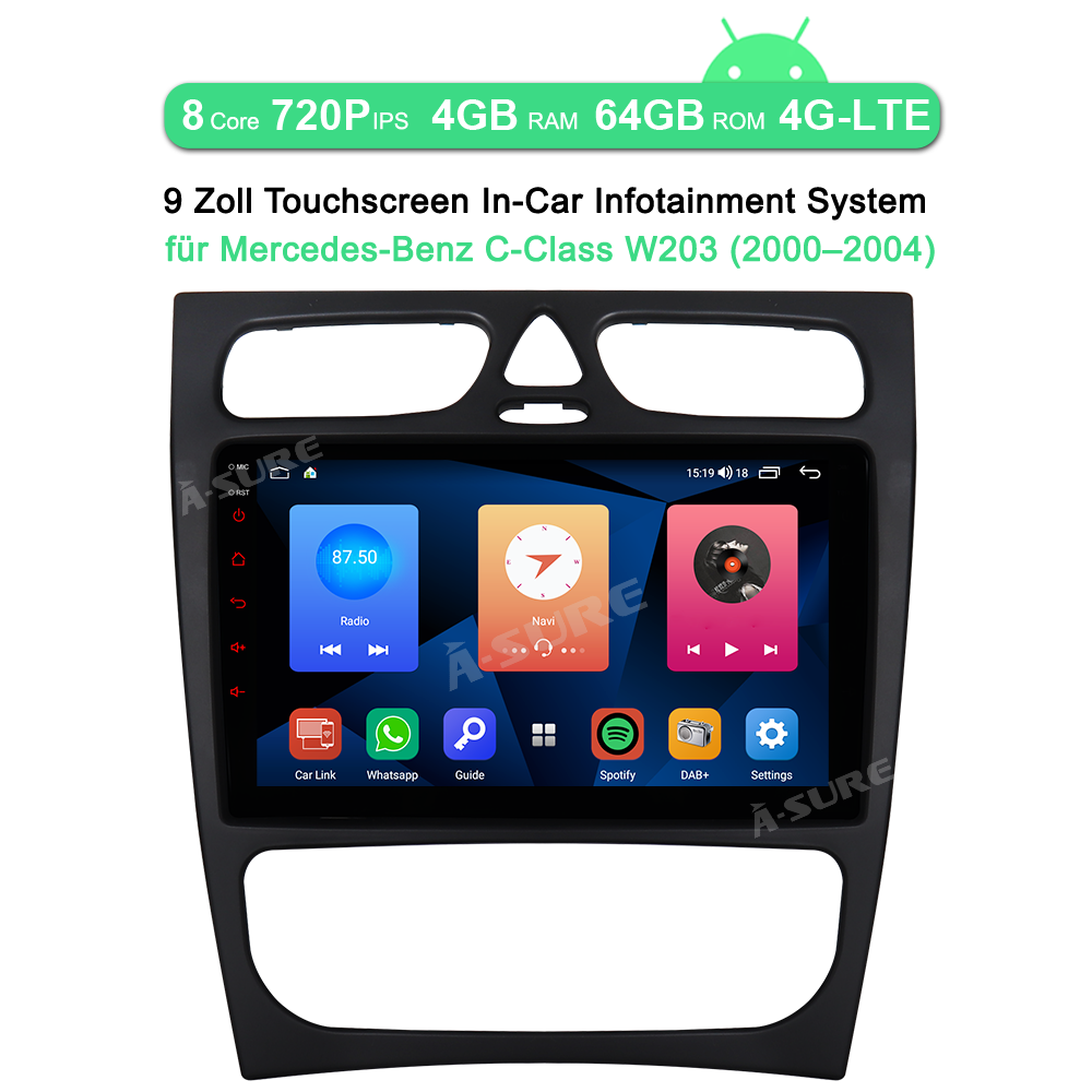 A-Sure GPS Autoradio Mercedes W203 9 Zoll 64GB CarPlay