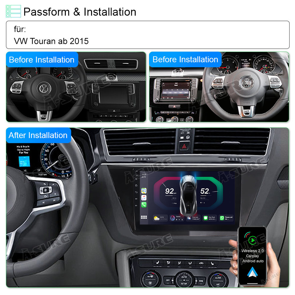 A-Sure GPS Autoradio VW Touran 10 Zoll 2+32GB CarPlay