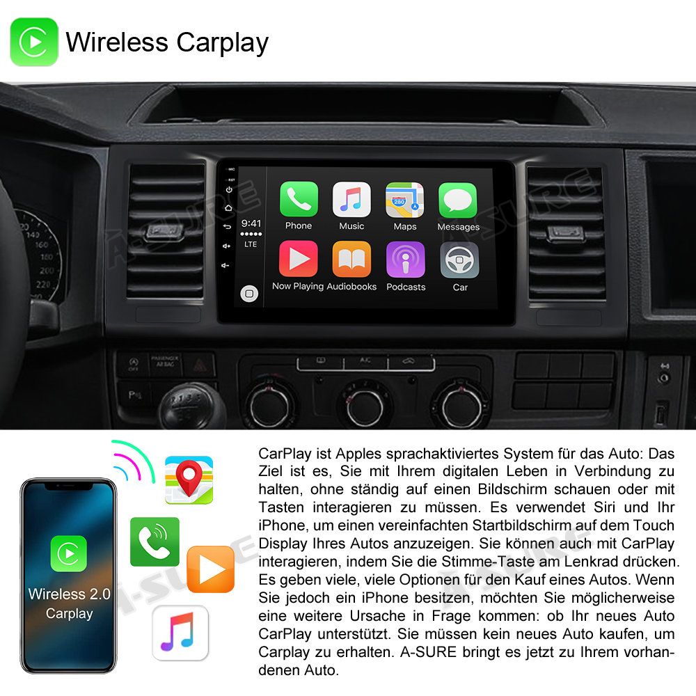 A-Sure VW T6 9 Zoll Autoradio 2GB+32GB CarPlay Navi 2016-2021